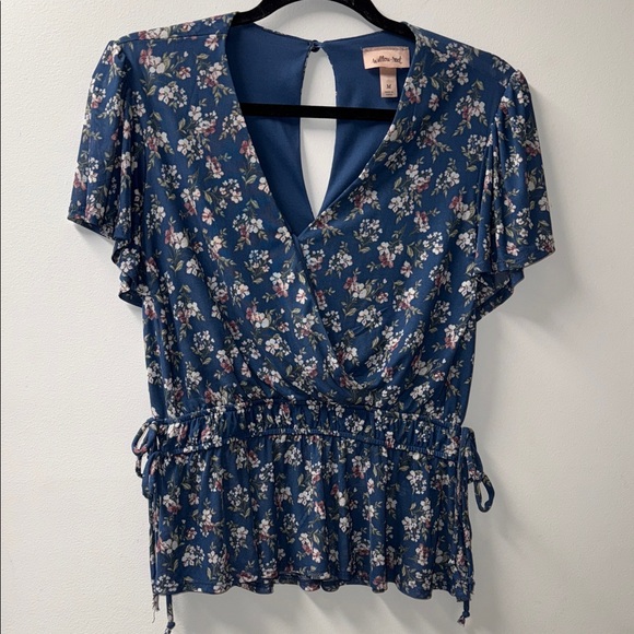 willow & root Tops - Willow & Root Floral Wrap Blouse in Blue